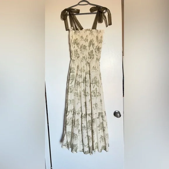 EN SAISON Egret Cotton Tiered Midi Dress Smocked With Pockets French Country - Picture 3 of 5